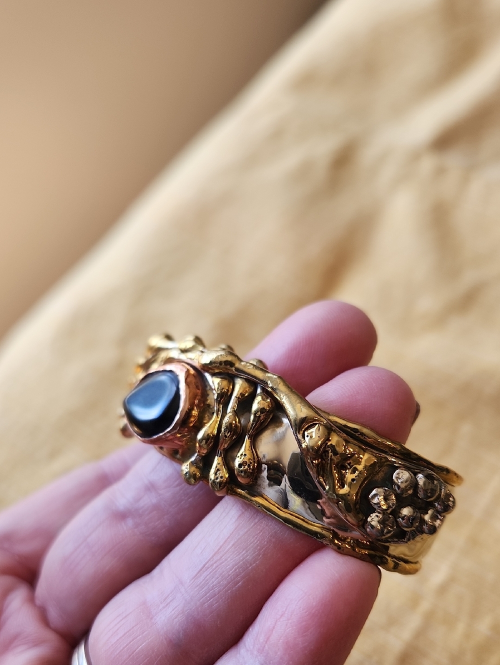 Gold-Tone Mixed Metals Cuff Bracelet with Black Stone Vintage Abstract Copper - Picture 7 of 12
